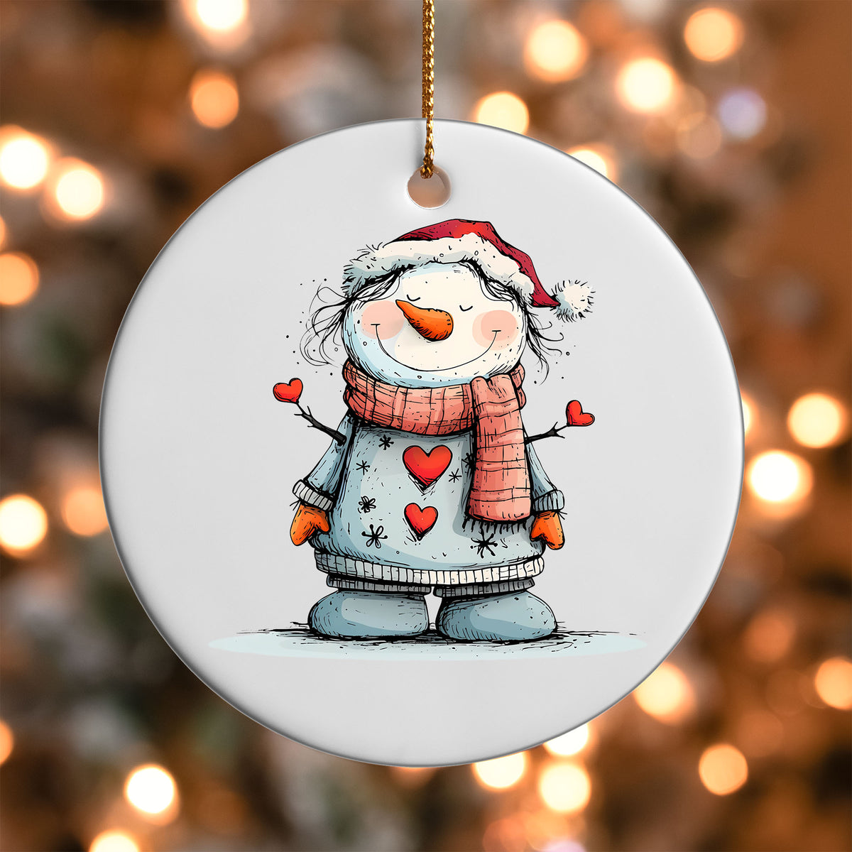 Snowman with Red Hearts ornament UV DTF transfer on a round white ornament with a bokeh light background