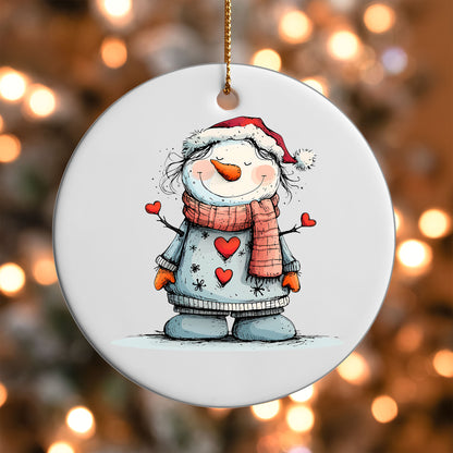 Snowman with Red Hearts ornament UV DTF transfer on a round white ornament with a bokeh light background