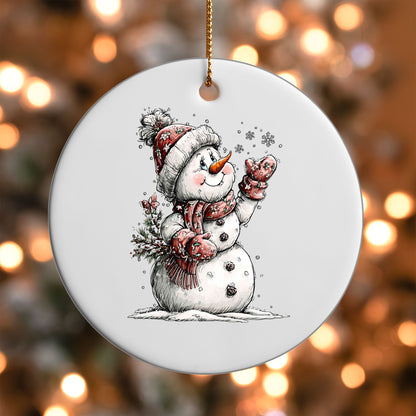 Snowman with Snowflakes ornament UV DTF transfer on a round white ornament with a bokeh light background