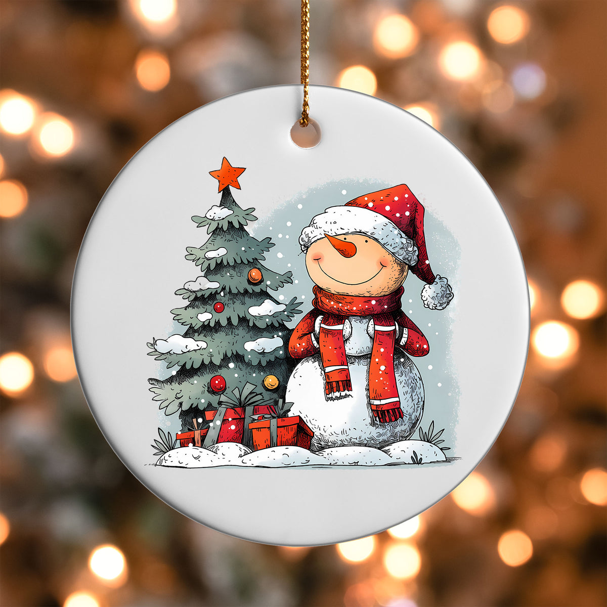 Snowman with Tree and Gifts ornament UV DTF transfer on a round white ornament with a bokeh light background