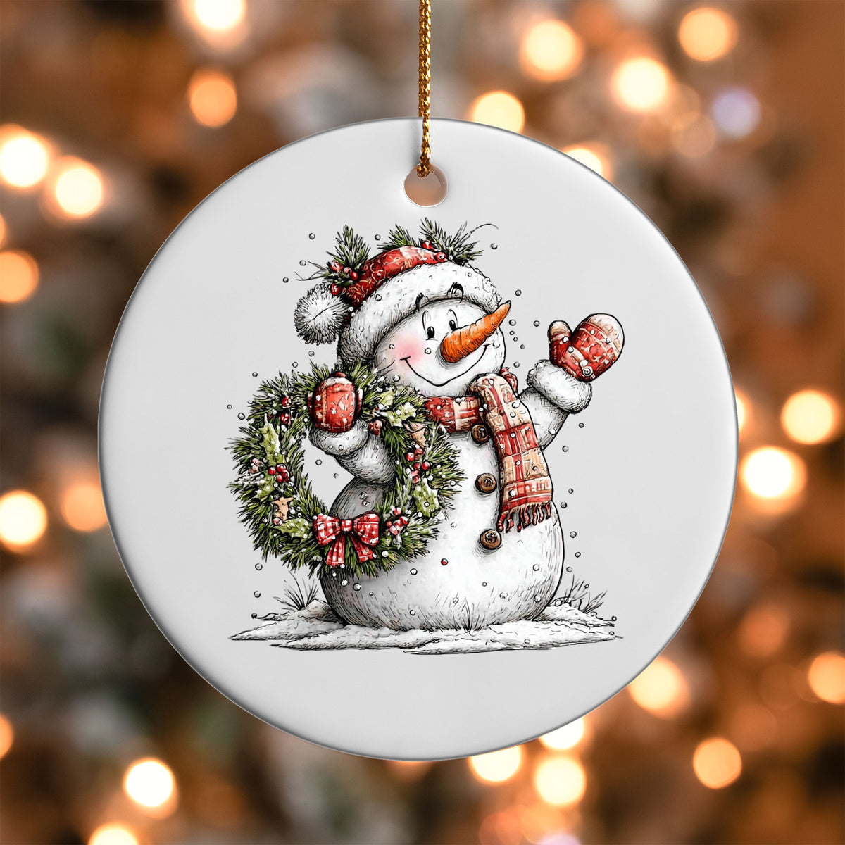 Snowman with Wreath ornament UV DTF transfer on a round white ornament with a bokeh light background