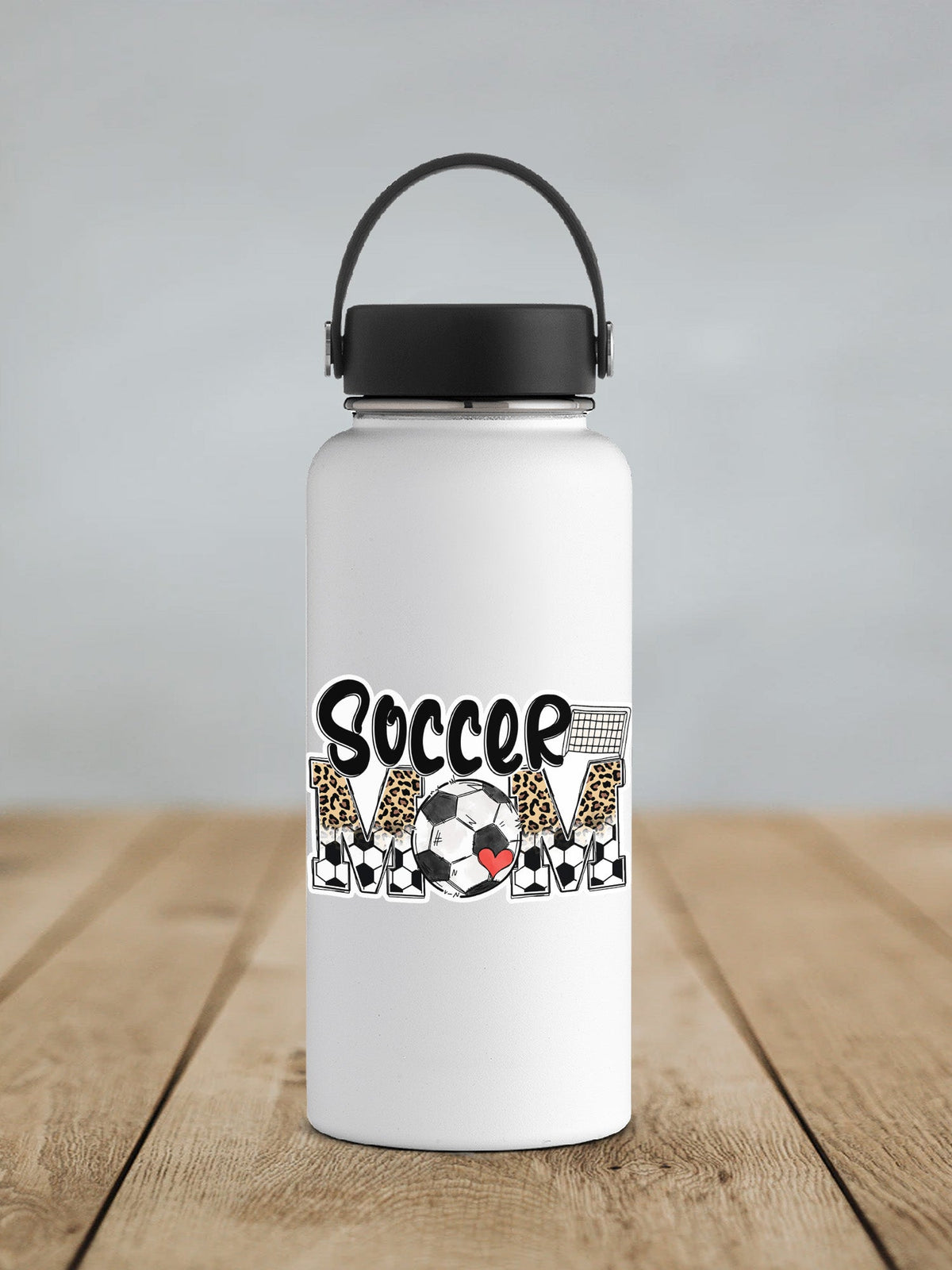 Soccer Mom sticker on a white insulated water bottle
