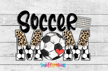 Soccer Mom leopard and soccer ball letters UV DTF wrap artwork on a white wood background