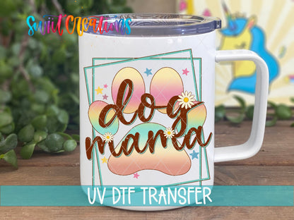 Dog Mama UV DTF transfer on a white stainless steel mug with a lid