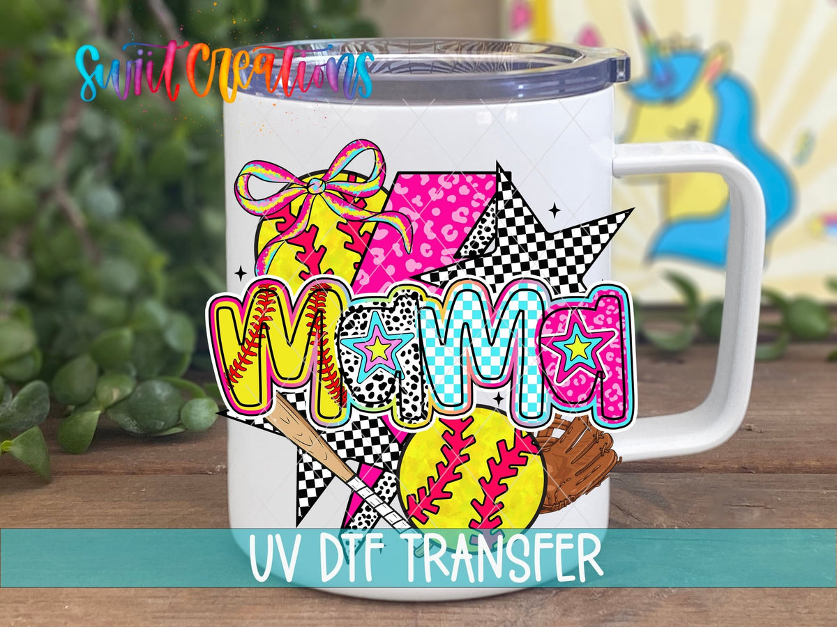Softball Mama Colorful Sports UV DTF transfer displayed on a white coffee mug from Swiit Creations