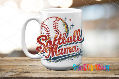 Softball Mama retro script UV DTF transfer on a white ceramic coffee mug