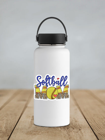 Softball Mom sticker on a white insulated water bottle