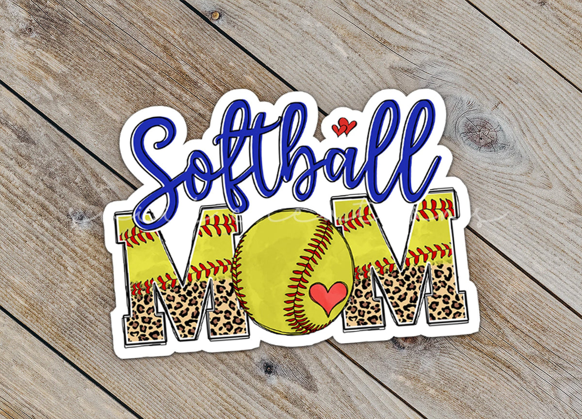 Close-up of the Softball Mom sticker on rustic wood