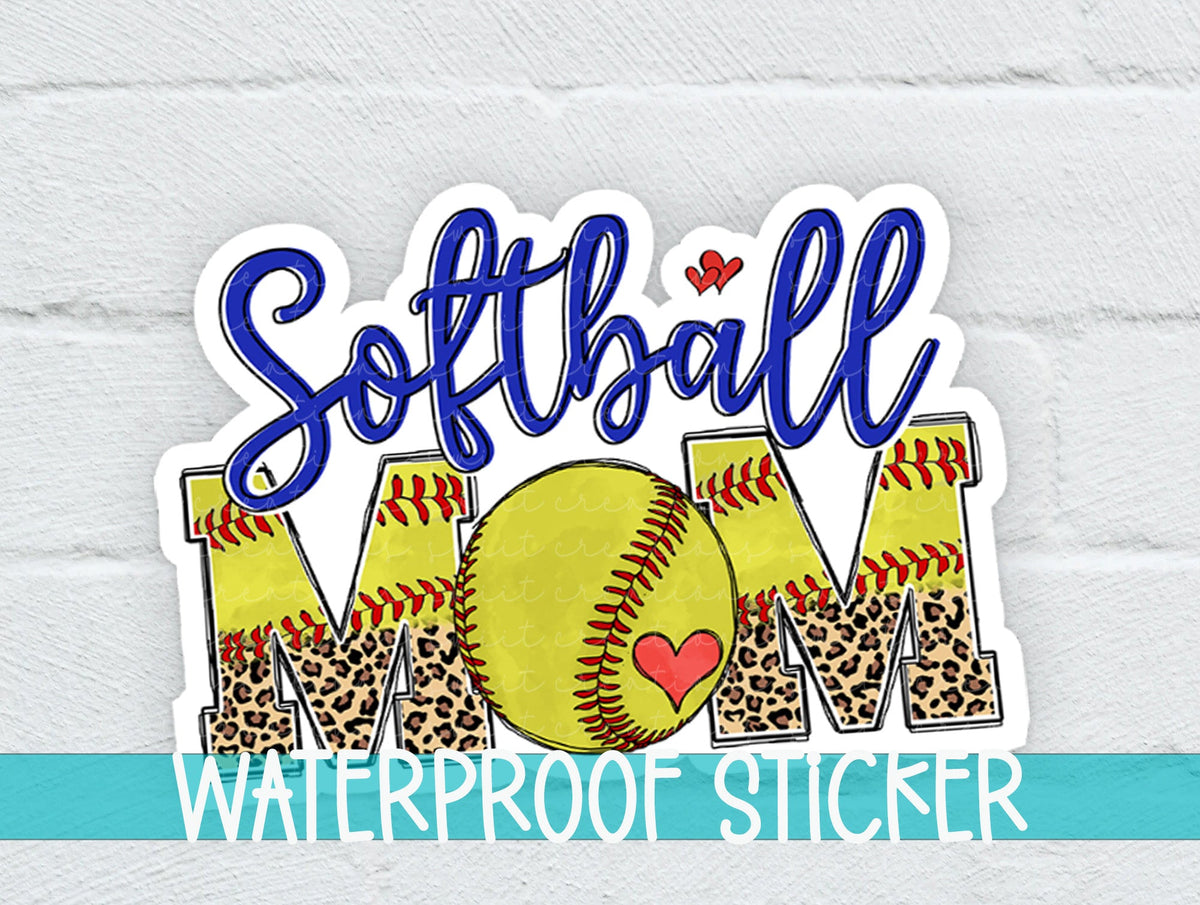 Softball Mom sticker on a white brick background with a waterproof sticker banner