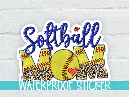 Softball Mom sticker on a white brick background with a waterproof sticker banner