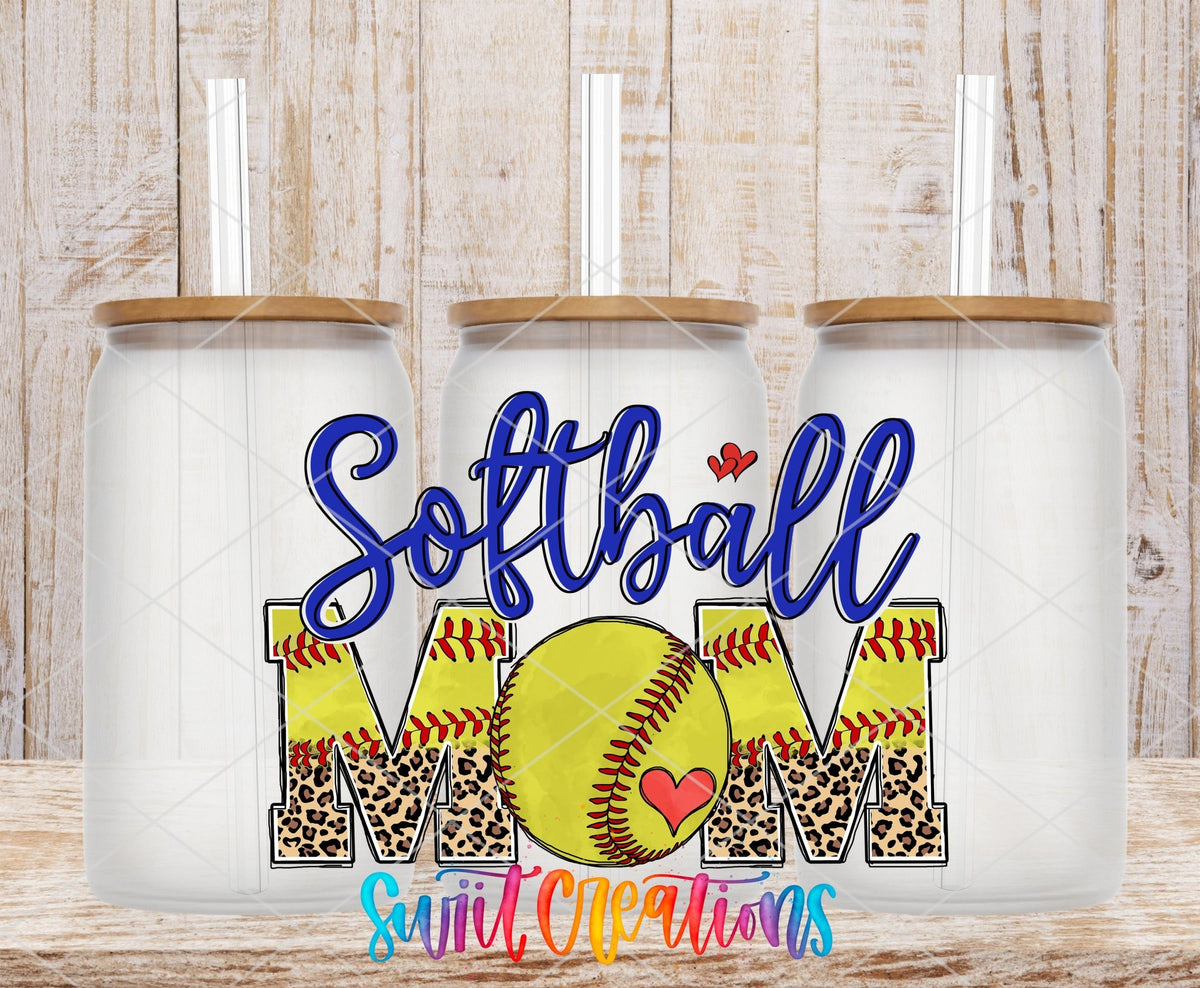 Softball Mom leopard letters UV DTF wrap on three clear glass cans with bamboo lids