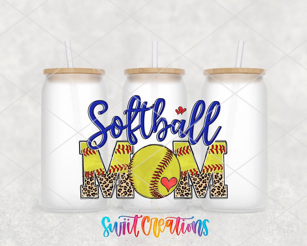Softball Mom leopard letters UV DTF wrap on three frosted glass cans