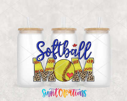 Softball Mom leopard letters UV DTF wrap on three frosted glass cans