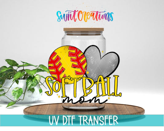 Softball Mom UV DTF Transfer Tumbler Wrap | Yellow Red Heart Sports Cup Decal | DTF241 - Swiit Creations