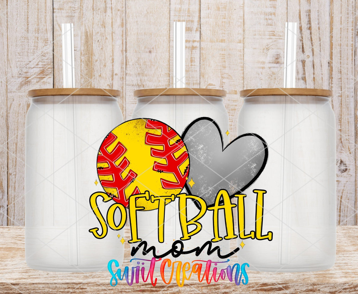 Softball Mom softball and gray heart UV DTF wrap on three clear glass cans with bamboo lids