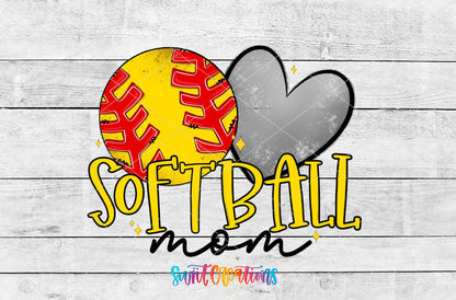 Softball Mom softball and gray heart UV DTF wrap artwork on a white wood background