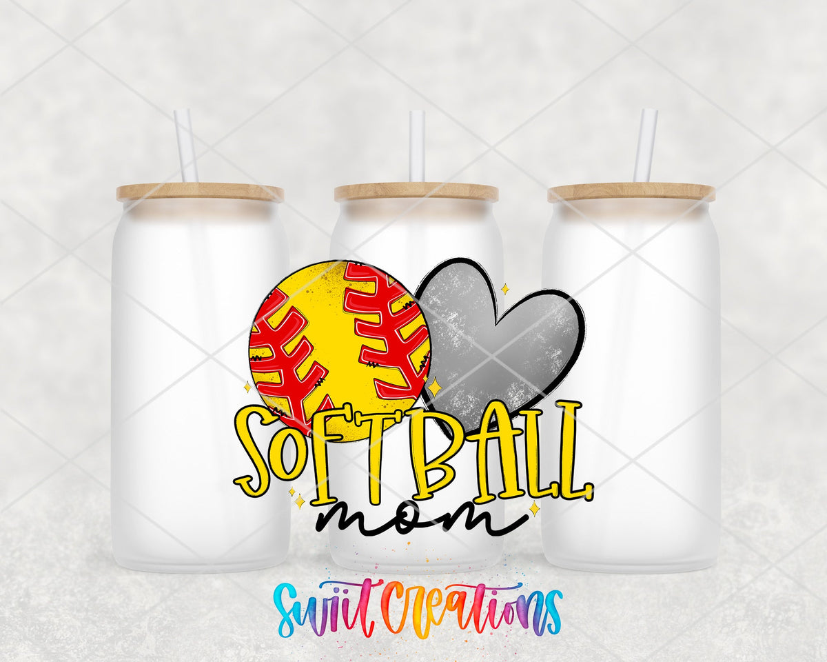 Softball Mom softball and gray heart UV DTF wrap on three frosted glass cans