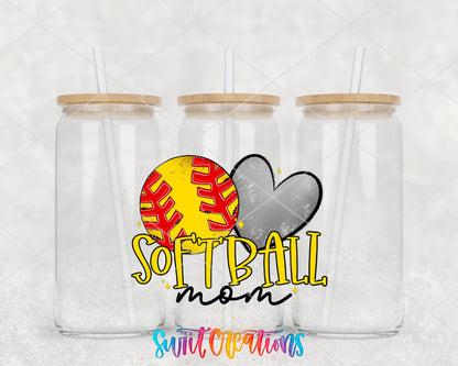 Softball Mom softball and gray heart UV DTF wrap on three glass cans