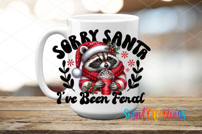 Sorry Santa I've Been Feral raccoon in a red sweater UV DTF transfer on a white ceramic coffee mug