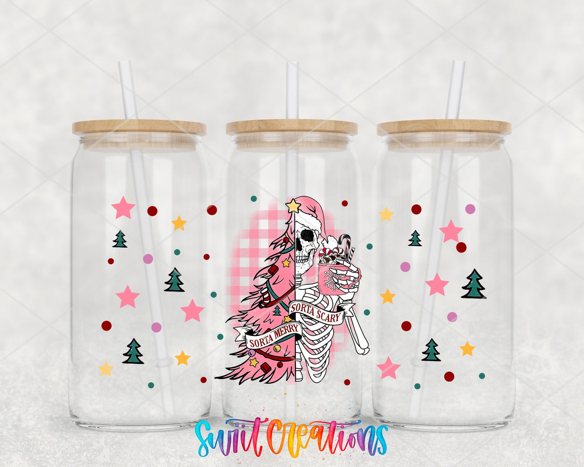 Sorta Merry Sorta Scary pink tree skeleton UV DTF wrap on three glass cans