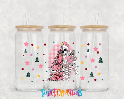 Sorta Merry Sorta Scary pink tree skeleton UV DTF wrap on three glass cans