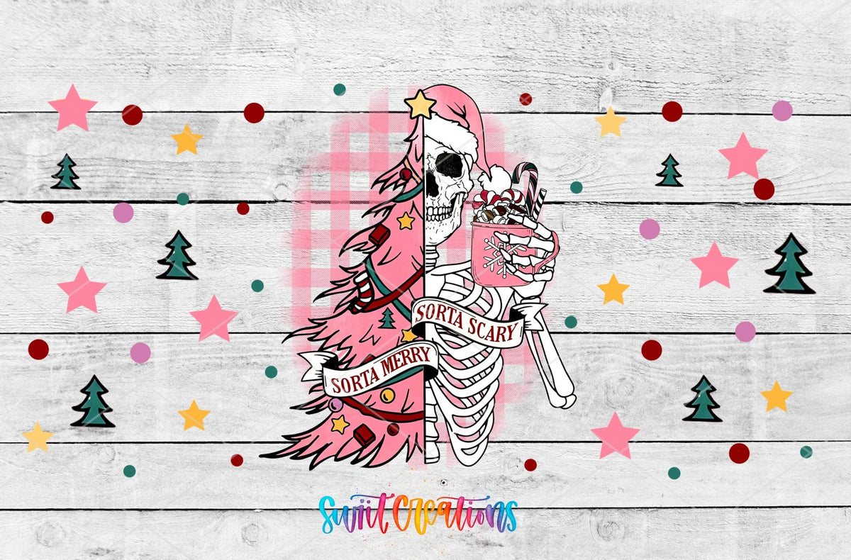 Sorta Merry Sorta Scary pink tree skeleton UV DTF wrap artwork on a white wood background