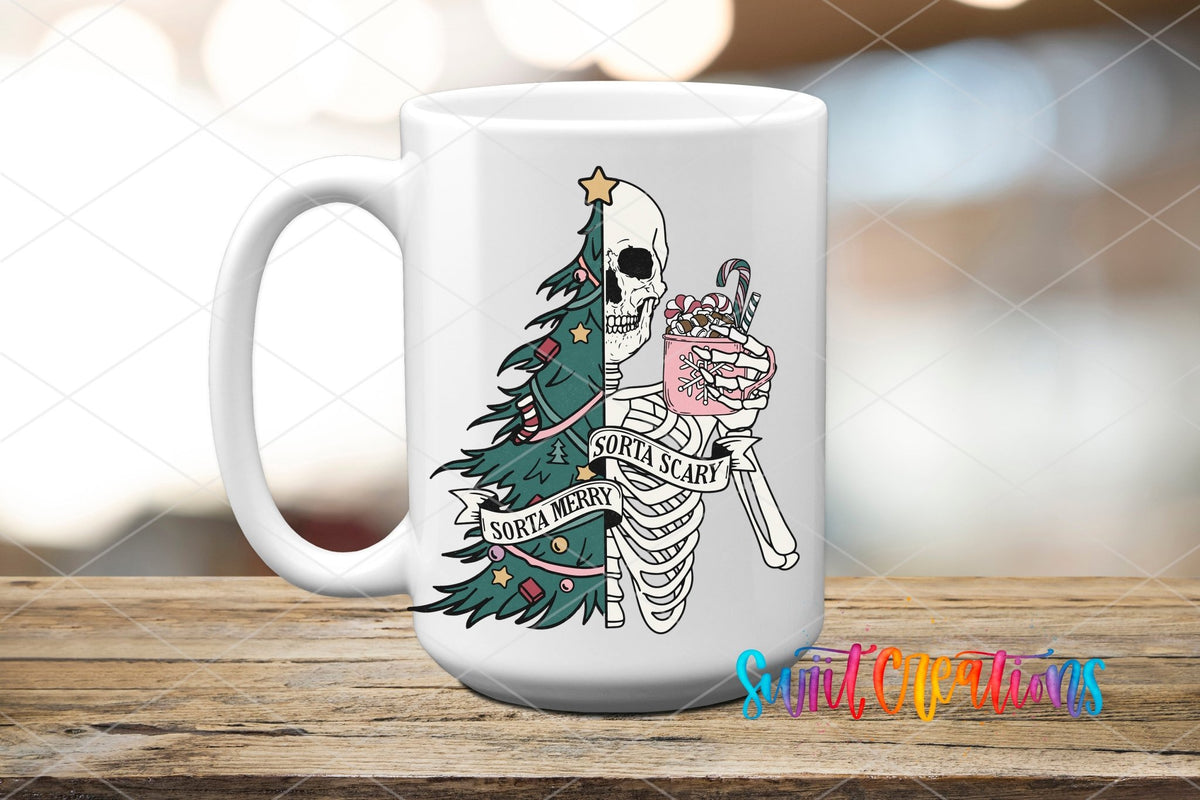 Sorta Merry Sorta Scary green tree skeleton UV DTF transfer on a white ceramic coffee mug