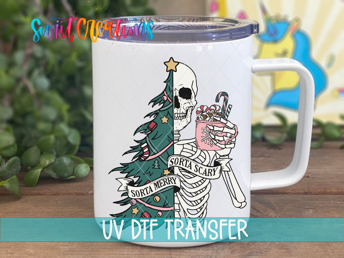 Sorta Merry Sorta Scary green tree skeleton UV DTF transfer on a white stainless steel mug with a lid