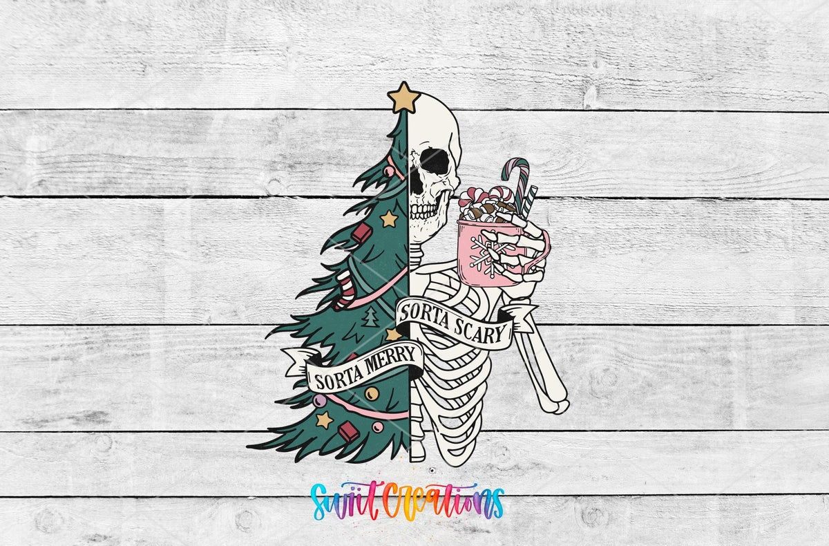Sorta Merry Sorta Scary green tree skeleton UV DTF transfer artwork on a white wood background