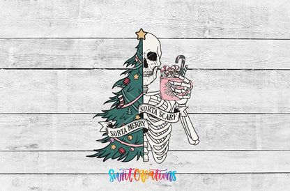 Sorta Merry Sorta Scary green tree skeleton UV DTF transfer artwork on a white wood background