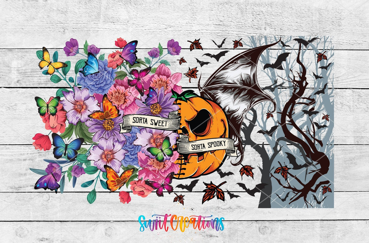 Sorta Sweet Sorta Spooky floral pumpkin and bat wing UV DTF wrap artwork on a white wood background