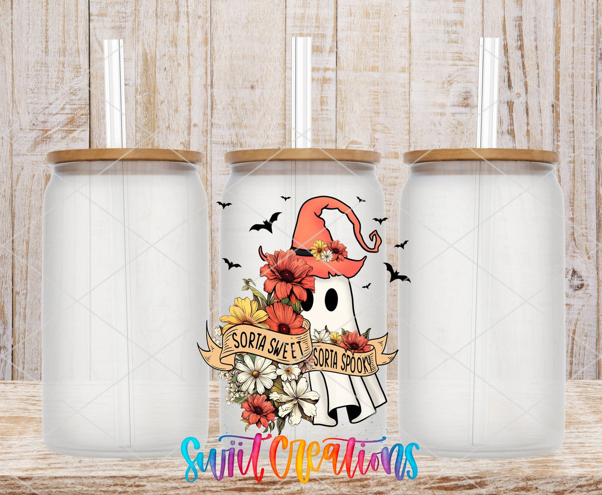 Sorta Sweet Sorta Spooky ghost in a witch hat UV DTF transfer on frosted glass cans with bamboo lids