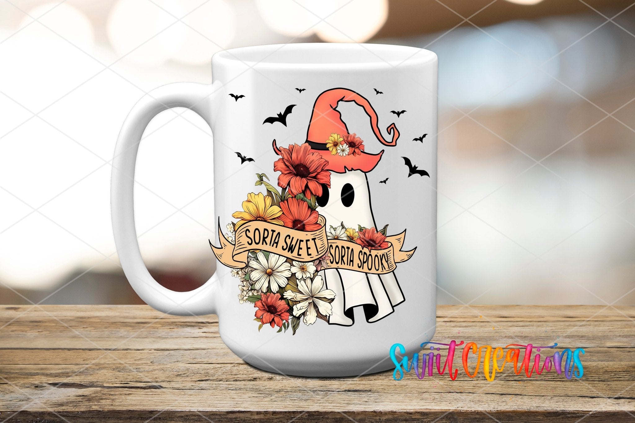 Swiit Creations UV DTF Sorta Sweet Spooky Ghost Floral Halloween transfer applied to a white ceramic mug