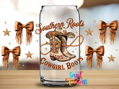 Close-up of the Southern Roots Cowgirl Boots UV DTF full wrap on a clear glass can