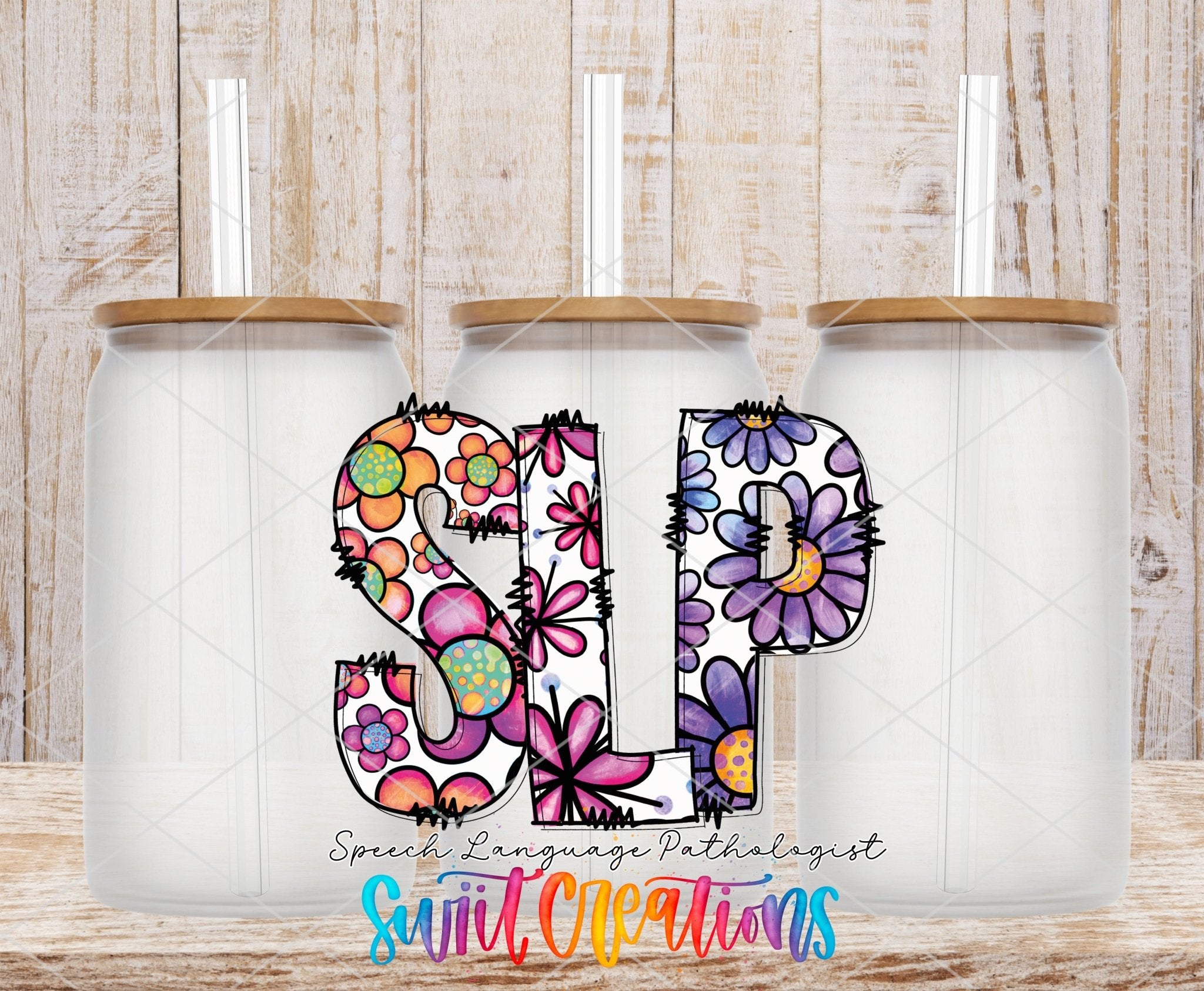 Speech Language Pathologist SLP UV DTF transfer applied to a clear glass can set from Swiit Creations