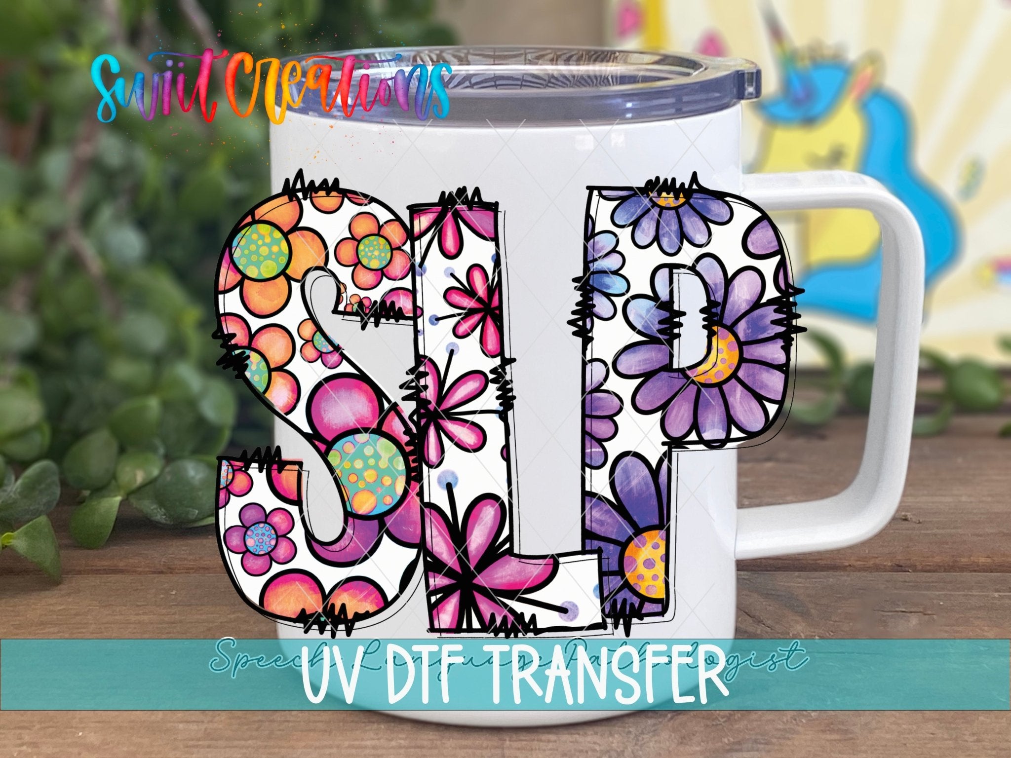 Speech Language Pathologist SLP UV DTF transfer displayed on a white coffee mug from Swiit Creations