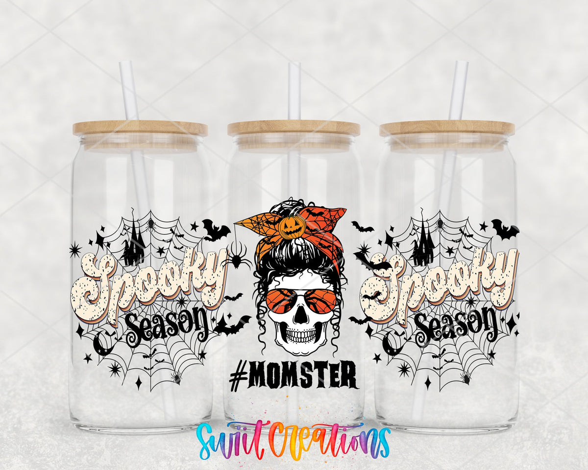 Spooky Season Momster UV DTF full wrap on three glass cans