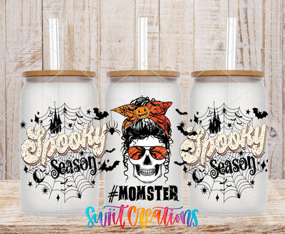 Spooky Season Momster UV DTF full wrap on three clear glass cans with bamboo lids