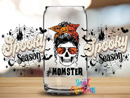 Close-up of the Spooky Season Momster UV DTF full wrap on a clear glass can
