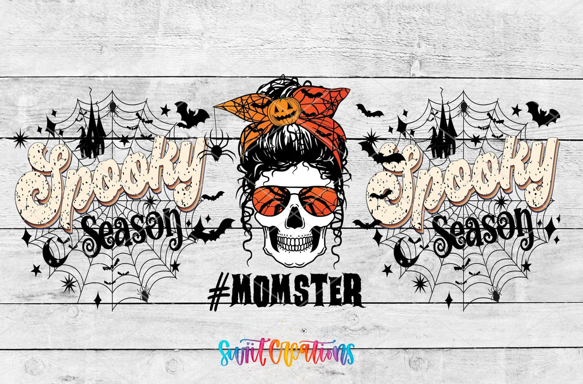 Spooky Season Momster UV DTF full wrap artwork on a white wood background