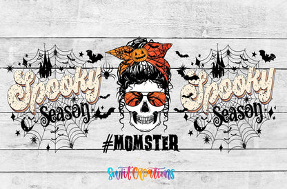 Spooky Season Momster UV DTF full wrap artwork on a white wood background