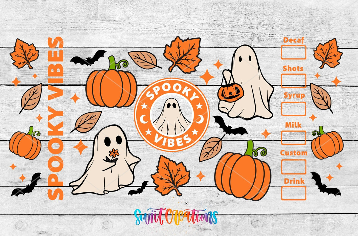 Spooky Vibes ghost coffee badge and pumpkins UV DTF wrap artwork on a white wood background