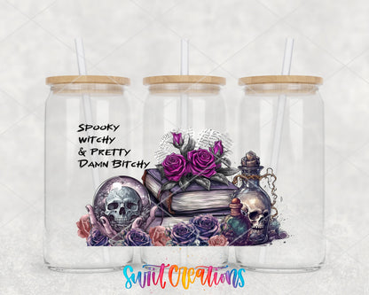 Spooky Witchy and Pretty Damn B*tchy UV DTF wrap on three glass cans