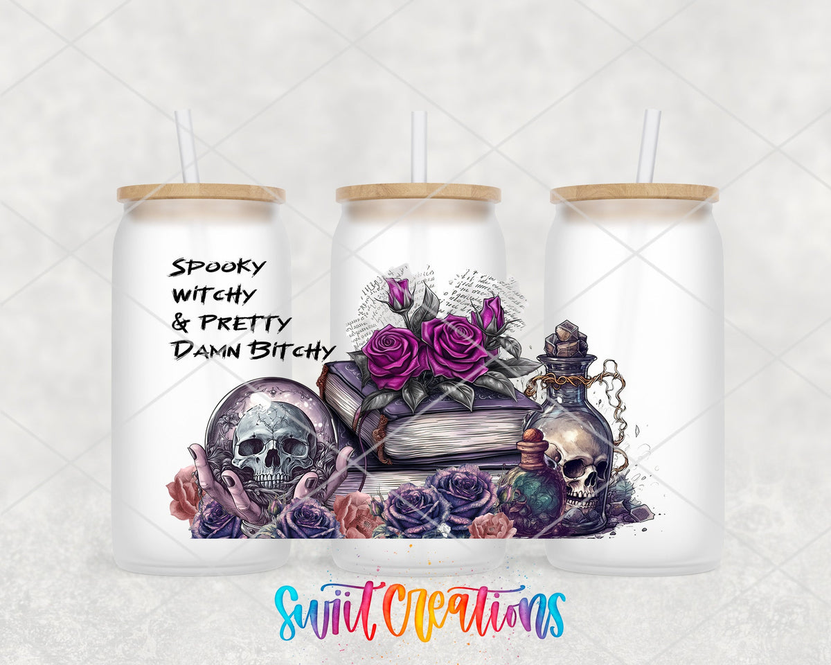 Spooky Witchy and Pretty Damn B*tchy UV DTF wrap on three frosted glass cans