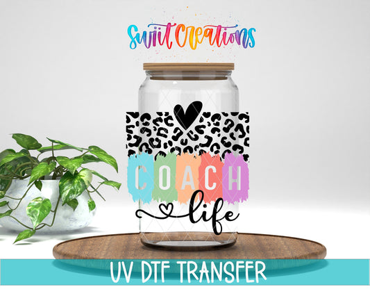 Sport Coach Life Leopard UV DTF transfer displayed on a clear jar mockup from Swiit Creations