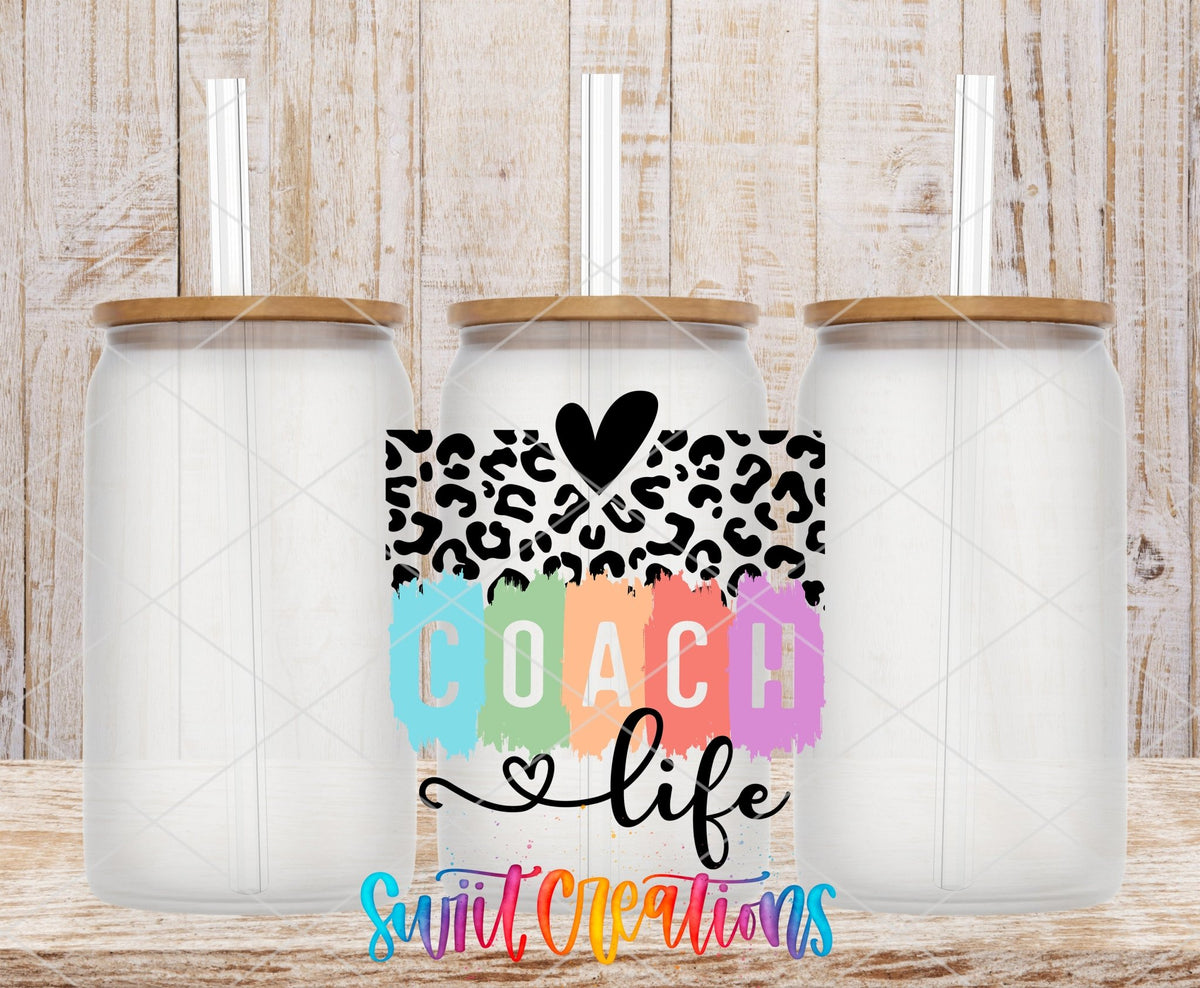 Sport Coach Life Leopard UV DTF transfer applied to a clear glass can set from Swiit Creations