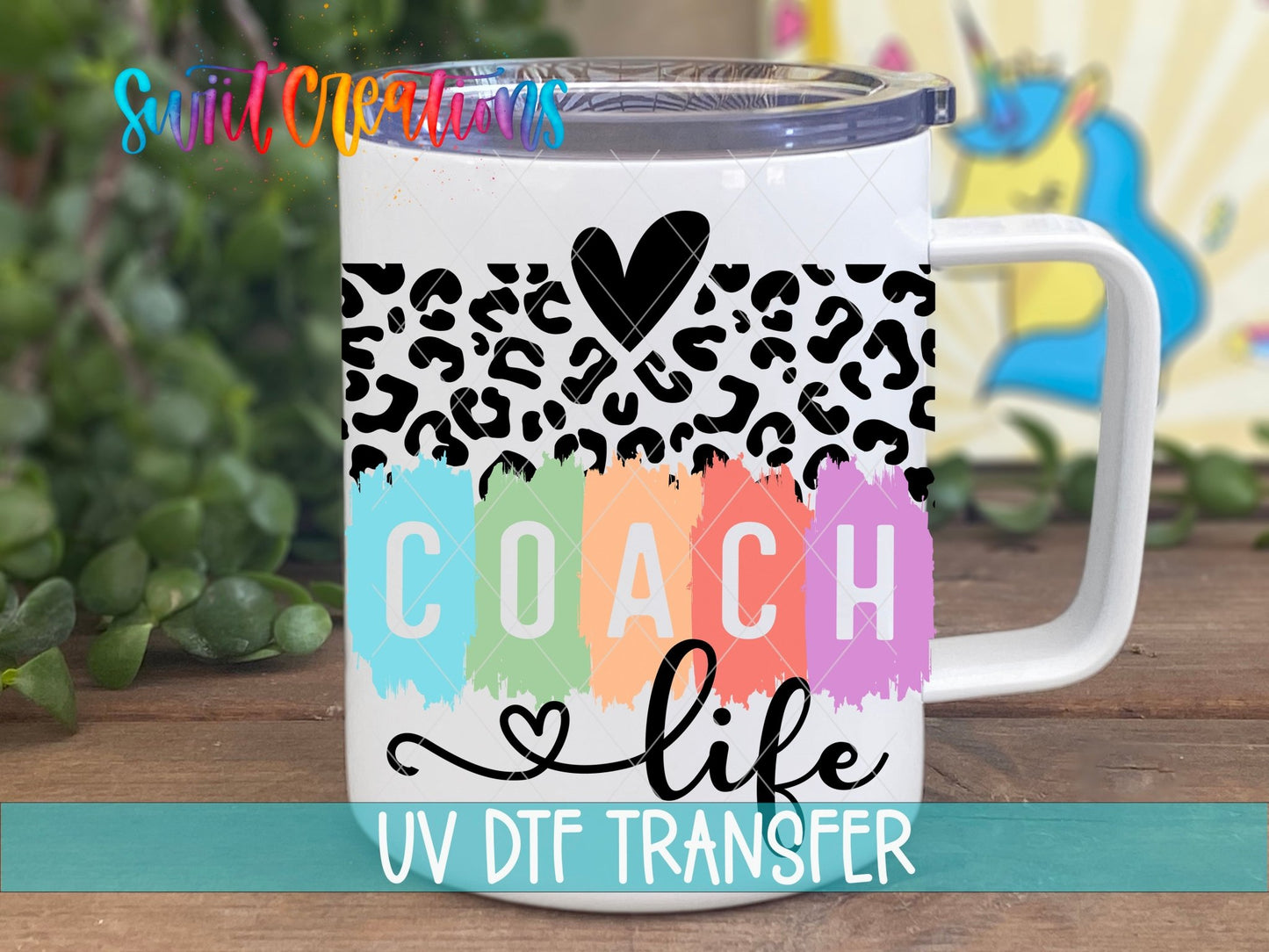 Sport Coach Life Leopard UV DTF transfer displayed on a white coffee mug from Swiit Creations