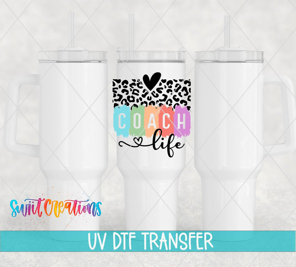 Sport Coach Life Leopard UV DTF transfer applied to a white tumbler set from Swiit Creations
