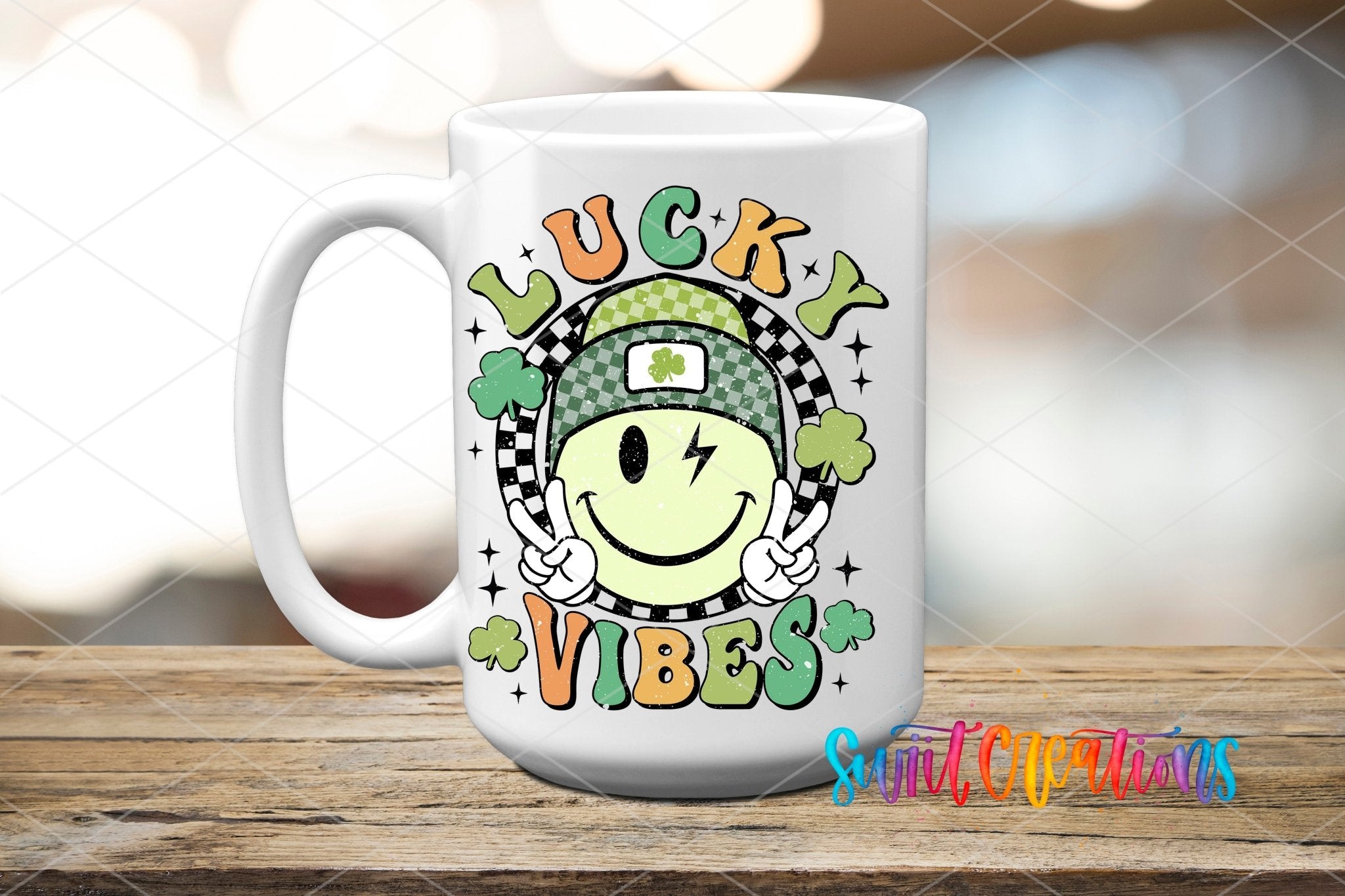 St Patricks Lucky Vibes UV DTF transfer displayed on a white ceramic mug from Swiit Creations