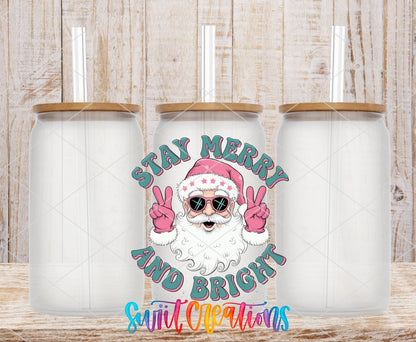 Stay Merry and Bright UV DTF transfer on frosted glass cans with bamboo lids